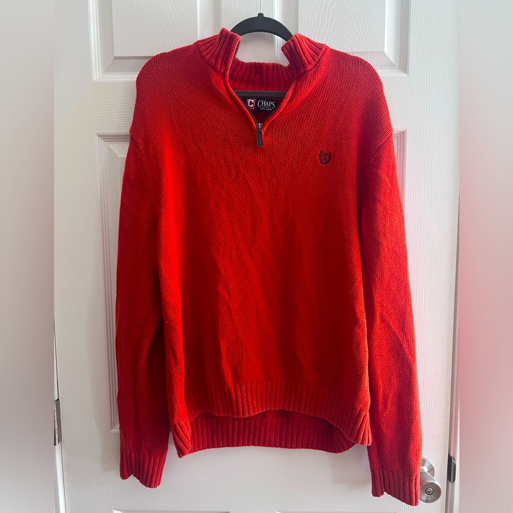 Mens half zip up 100% cotton sweater. Brand is Chaps and color is burnt orange.